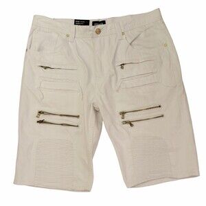 Makobi Men’s White Moto Denim Shorts Size 38 Zipper Pocket Biker Style